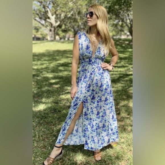 Zara Spring Bouquet Sleeveless Maxi Dress Plunging V-Neck Front Button Loops - Picture 4 of 11